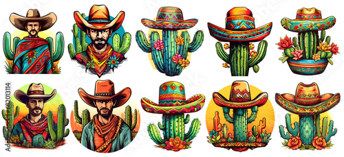 set of mexican Cactus Sticker, Clipart on isolated, transparent background, png, generated ai