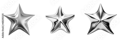 Set of Silver Metal  Five-pointed Liquid Shape Stars Isolated on White Background