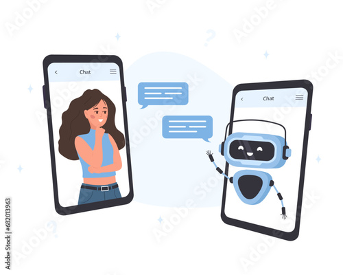Chatbot concept. Woman chatting with robot on smartphone screen. AI business assistant. Online customer support and FAQ. Artificial intelligence technology. Vector illustration in flat cartoon style.
