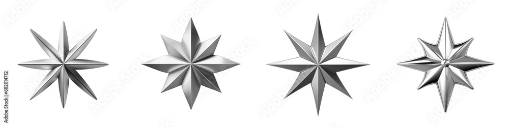 Set of Silver Metal Eight-pointed Stars Isolated on White Background Set of Silver Metal Eight-pointed Stars Isolated on White Background