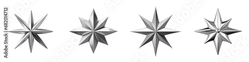 Set of Silver Metal  Eight-pointed Stars Isolated on White Background