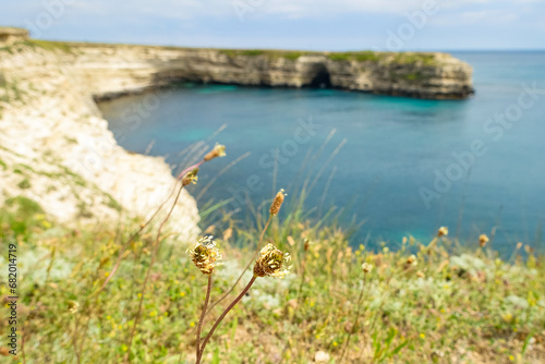 Cape Tarkhankut on the Crimean peninsula. The rocky coast of the Dzhangul Reserve in the Crimea. The Black Sea. Turquoise sea water. Rocks and grottoes of Cape Tarkhankut. photo