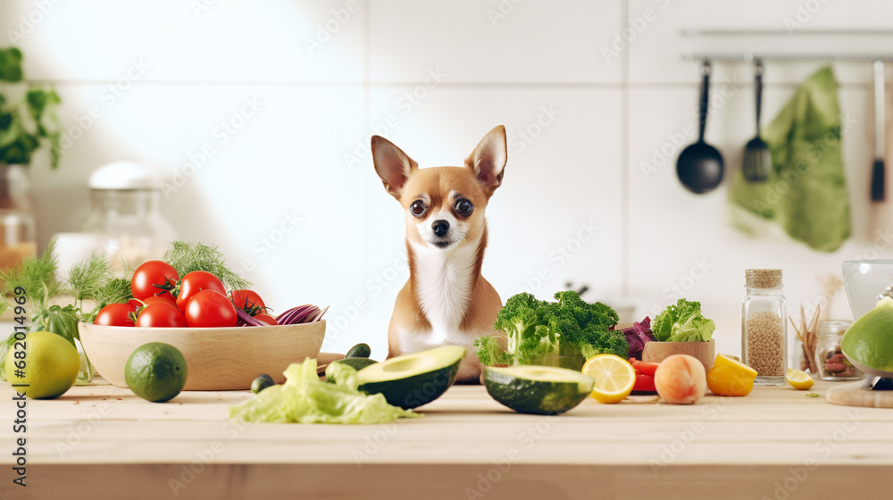 Funny chihuahua dog sit at table full of vegetables on kitchen - obrazy, fototapety, plakaty 