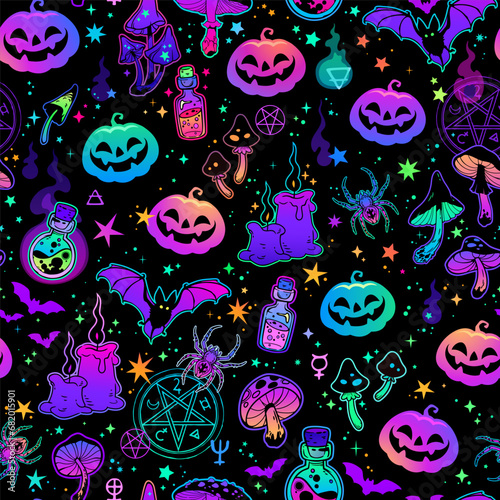 Seamless pattern of cartoon halloween pumpkins and magical elements