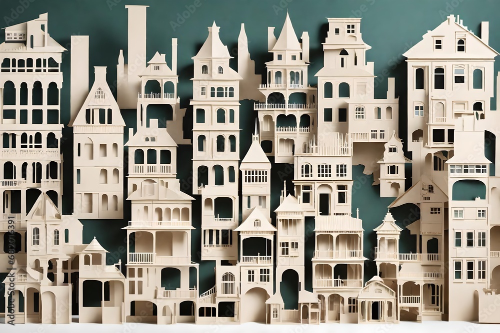 town in the city made with paper cutting art against green background 