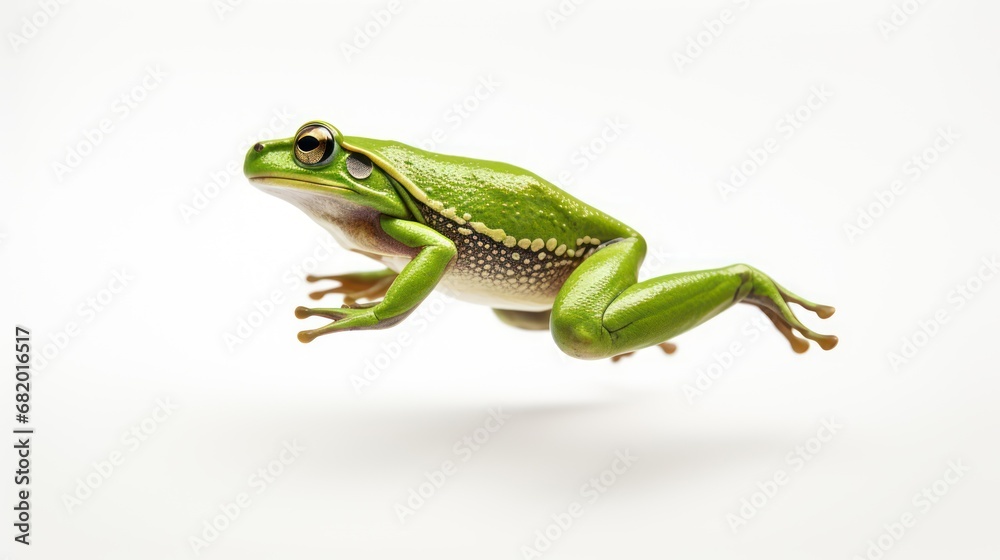 Fototapeta premium A Green frog jumping on white isolated background.