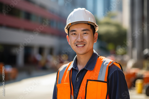 The portrait of an Asian male construction worker in a company uniform, orange safety vest and helmet, smiling and standing in front of construction site background. Generative AI.