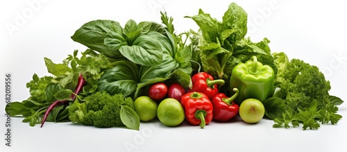 In an image showcased isolated on a pristine white background, a vibrant green leaf holds a colorful assortment of vegetables, herbs, and peppers, implying a harmonious blend of nature's bounty and
