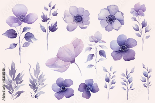 The wallpaper set of many purple watercolor flower type graphic illustrations isolated on a white background for decoration. Generative AI. © Surachetsh