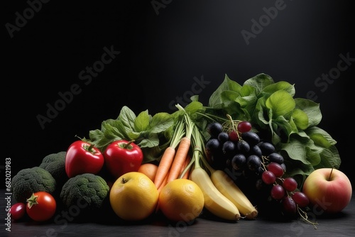 Fresh vegetables and fruits on black background with copy space. Healthy food concept