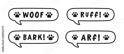 Dog bark animal sound effect text in a speech bubble sound balloon outline doodle clipart set. Cute cartoon onomatopoeia comics and lettering. photo
