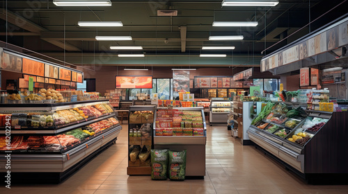 Grocery store interior. Supermarket with fresh produce, meat and dairy