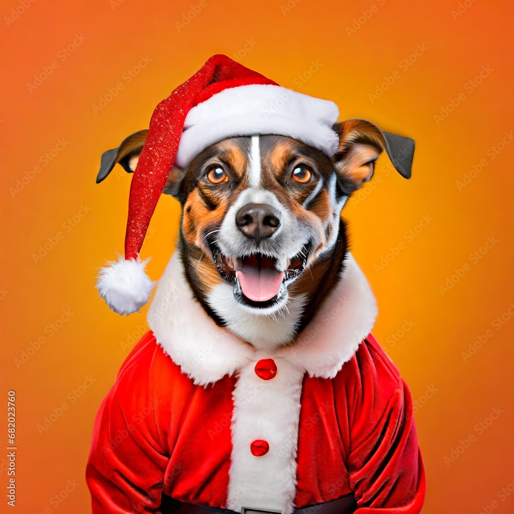realistic photo of super happy dog ​​in Santa Claus outfit, orange background generative AI