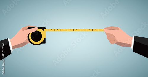 Measuring tape in the hands of a man. Template for a poster of a construction and repair company. Flat vector illustration.