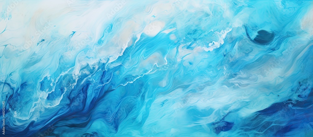 In the abstract design, an illustration of water in retro style takes center stage, painted in vibrant blue watercolor colors on paper, creating a stained and blob-like effect, with a horizontal In the abstract design, an illustration of water in retro style takes center stage, painted in vibrant blue watercolor colors on paper, creating a stained and blob-like effect, with a horizontal