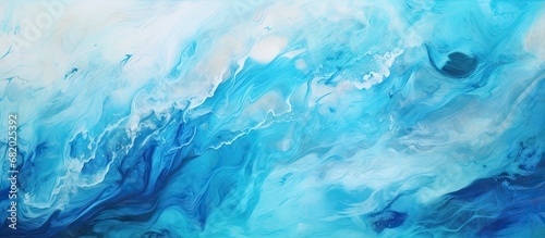 In the abstract design, an illustration of water in retro style takes center stage, painted in vibrant blue watercolor colors on paper, creating a stained and blob-like effect, with a horizontal