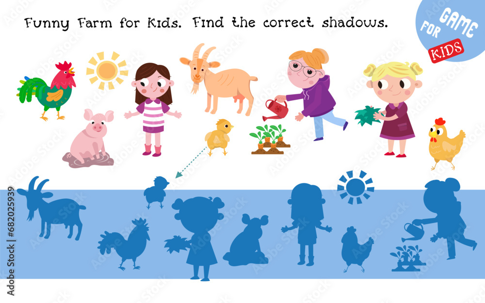 Find shadows. Educational puzzle game for kids. Cartoon funny characters. Cute cartoon set of animals and people on farm. Vector illustration. 
