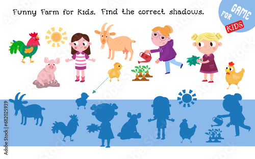 Find shadows. Educational puzzle game for kids. Cartoon funny characters. Cute cartoon set of animals and people on farm. Vector illustration. © AngArt