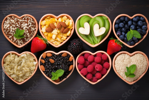Healthy food in heart shaped dishes, top view