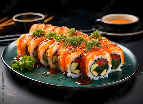 Exquisite Sushi Delight: The vibrant assortment includes fresh salmon, tuna, rolled in seaweed and rice. the essence of traditional Japanese dining.