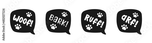 Dog bark animal sound effect text in a speech bubble with paw print icon silhouette clipart set. Cute cartoon onomatopoeia comics and lettering.