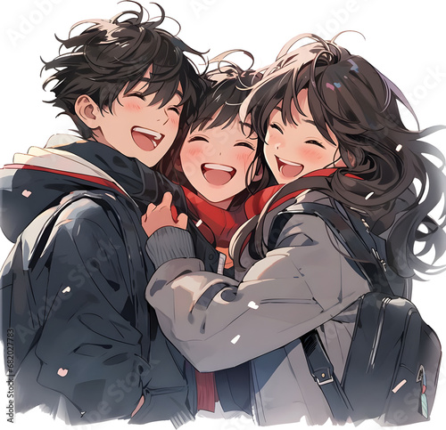 Group of asian students in anime style