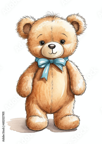 Cute teddy bear, Watercolor marker illustration fluffy teddy bear with a blue bow, standing upright, with a soft, welcoming expression, ideal for children's themes, isolated on a white background