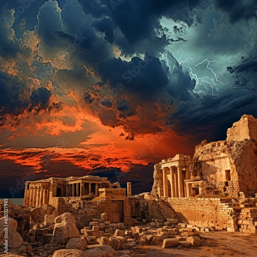 Ancient blue blue yellow sky greece storm scary saint Ai generated art