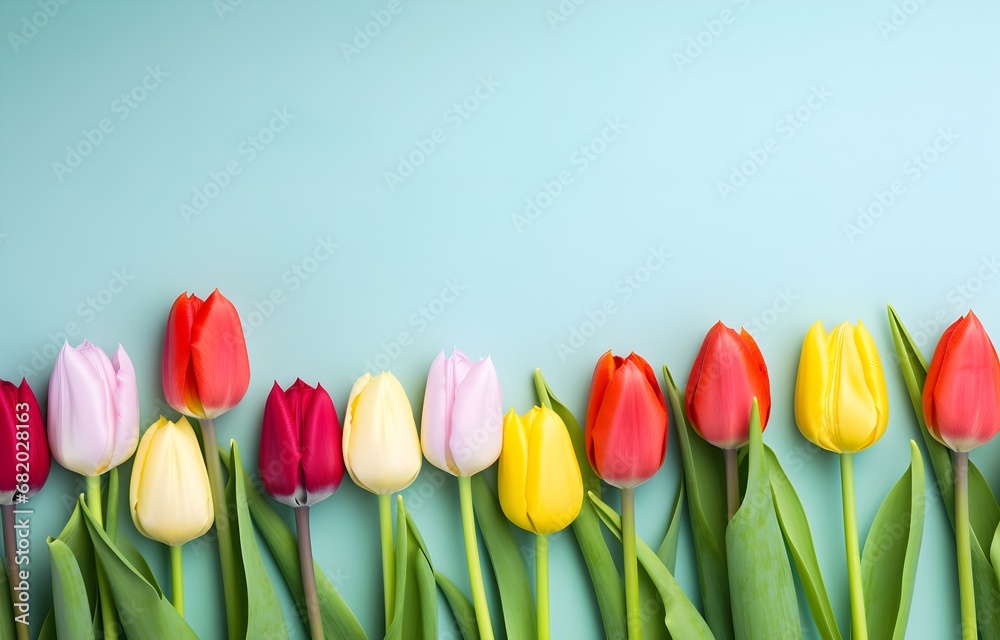 colorful tulip flowers bouquet on light graan background for greeting card decor