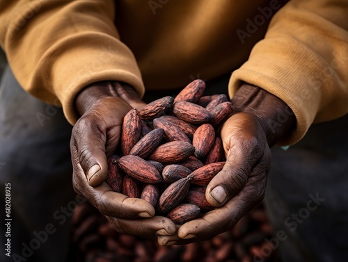 Fresh Harvested Cocoa Beans Cradled in Farmer's Hands