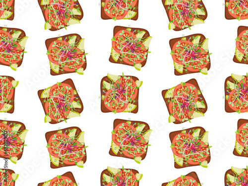 Open avocado tomato Toast Seamless pattern. Lunch, dinner, breakfast food. Bakery Pastry Vector repeated background for wallpaper, textile, wrapping, print. Flat design for menu, cafe, restaurant
