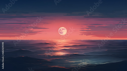 Digital realistic illustration of full moon over the sea poster web page PPT background
