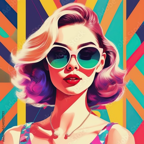 Colorful , retro, vintage pop art of a teenage with sunglasses. Abstract Art design for avatar, cover, wallpaper, Minimal wall art.
