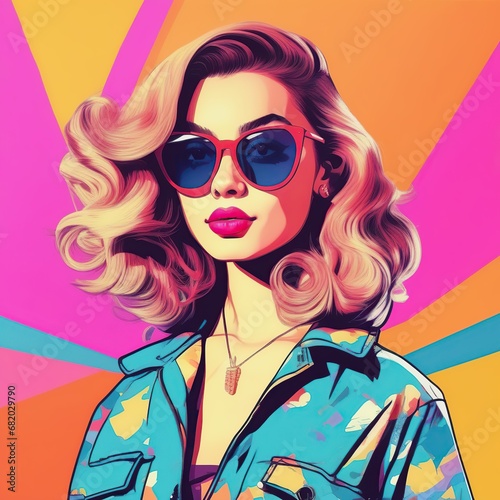 Colorful , retro, vintage pop art of a teenage with sunglasses. Abstract Art design for avatar, cover, wallpaper, Minimal wall art.
