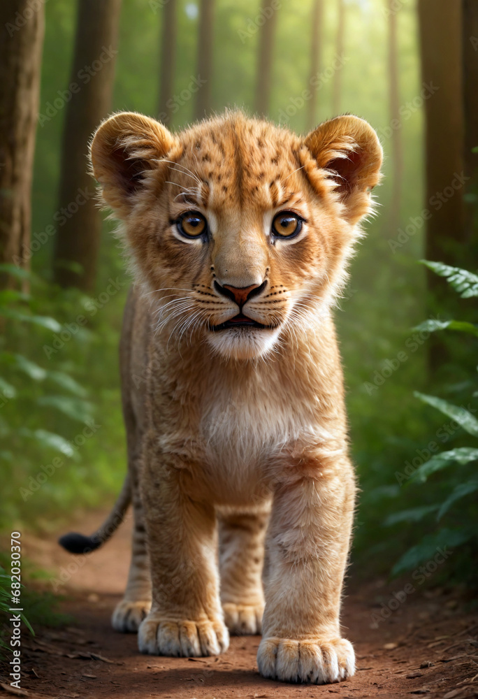 Young lion cub standing on a forest path with sunlight filtering through the trees. CGI 3D, cute young animals, safari scene, pathwway Young lion cub standing on a forest path with sunlight filtering through the trees. CGI 3D, cute young animals, safari scene, pathwway