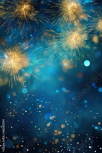 Blue and gold Abstract background with fireworks and bokeh on New Year's Eve graphic resources