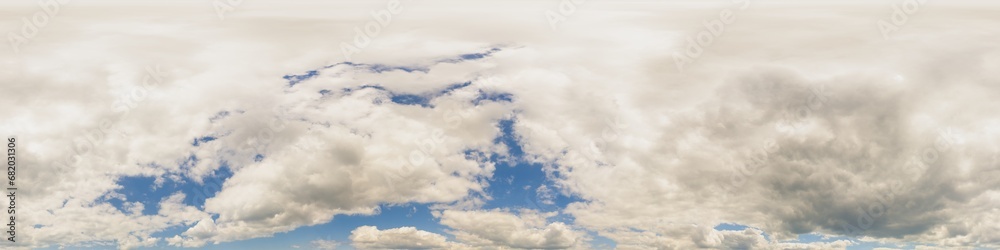 Obraz premium Blue summer sky panorama with Cumulus clouds. Seamless hdr spherical 360 panorama. Zenith or sky dome in 3D visualization, sky replacement for aerial drone 360 panoramas. Weather and climate change