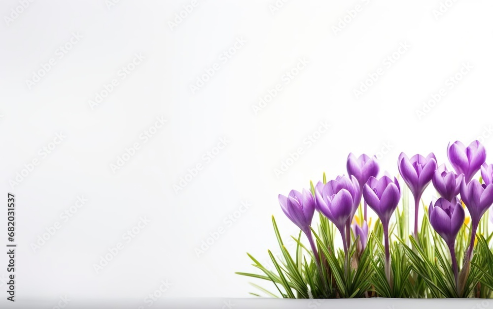 Happy start of spring poster. Beautiful purple crocus flowers bouquet isolated on white background. Copy space at the left. Pastel violet, lilac, green colors. Fresh sale banner design. AI Generative.