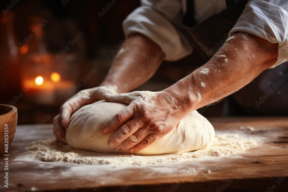 Hands of a male baker kneading dough for bread