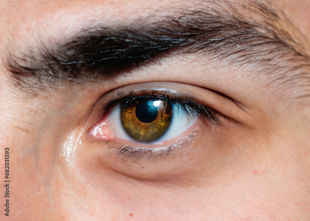 Obraz premium 未来を見通すビジネスのイメージフォト 白人男性の目、虹彩、瞳のマクロ撮影 クローズアップAI生成画像
