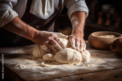 Hands of a male baker kneading dough for bread