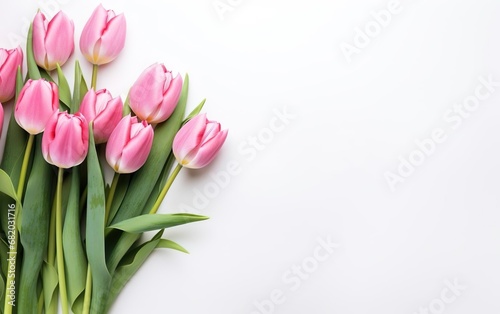 Happy start of spring poster. Pink tulips bouquet isolated on white background. Nice garden flowers. Copy space, top view, over the shoulder. Pastel colors. Fresh sale banner design. AI Generative. © your_inspiration