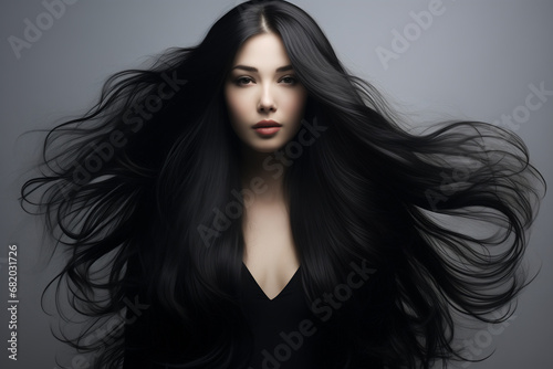 close-up portrait of a young woman with black, developing,. long hair