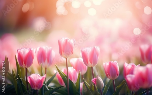 Happy start of spring poster. Beautiful photorealistic pink tulip flowers close up on nice blurred background. Spring flowers in the garden. Bokeh, de focus, pastel colors. Sale banner. AI Generative.