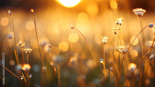 Sunrise Sonata: Futuristic Organic Bliss - A Bokeh Symphony of Yellow Vignettes on Ground Grass