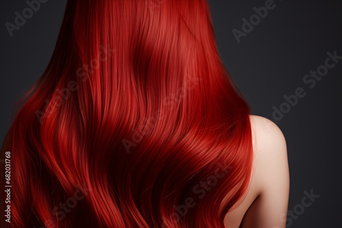 portrait of a woman with red, long hair, back view