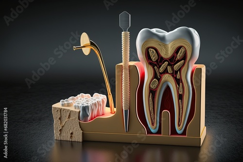 concept hygiene treatmant Dental up Close table wooden black tools dental section cross model Tooth photo