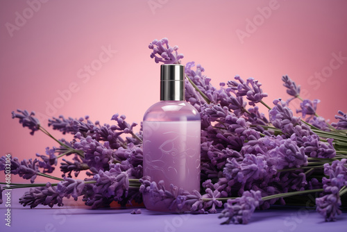 cosmetics bottle mockup and lavender bouquet