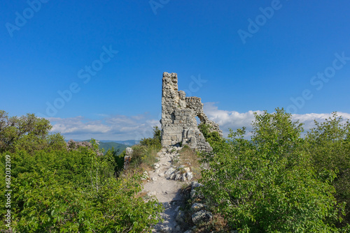 Ancient buildings cave fortress city Mangup-Kale  sunny day. Mountain view from the ancient cave town of Mangup-Kale in the Republic of Crimea  Russia. Bakhchisarai.
