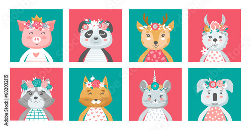 Fototapeta Naklejka Na Ścianę i Meble -  Postcards with cute animals. Panda, deer, llama, pig, mouse, cat, koala, raccoon in flower crowns. Vector childrens illustration. 